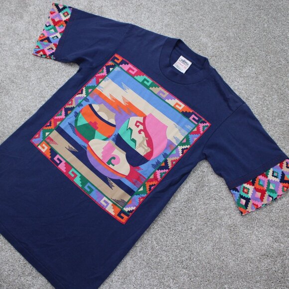 Vintage Oneita Power/50 Shirt Mens Medium Blue Aztec Southwest Tribal S/S - Picture 3 of 13